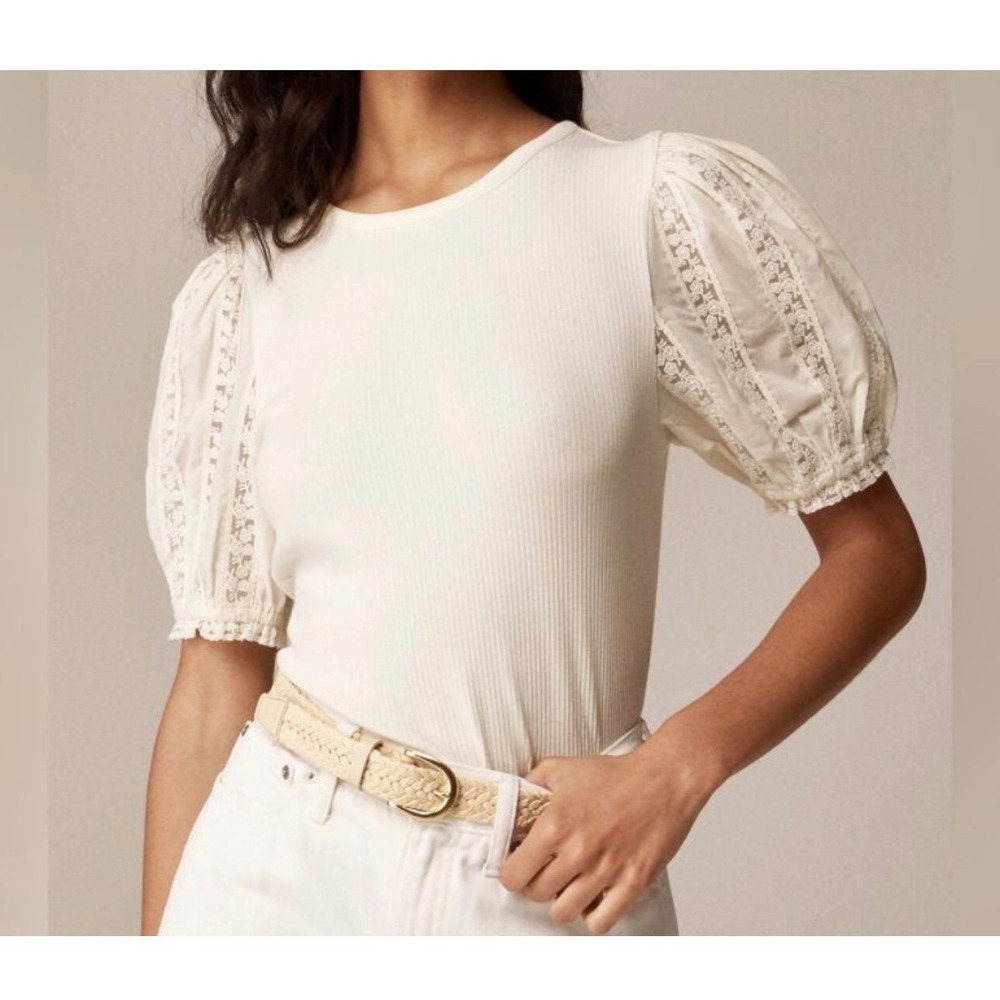 J.Crew Cream Ribbed Knit Puff Sleeve Top Sz Med Lace Crochet Short Sleeve Boho